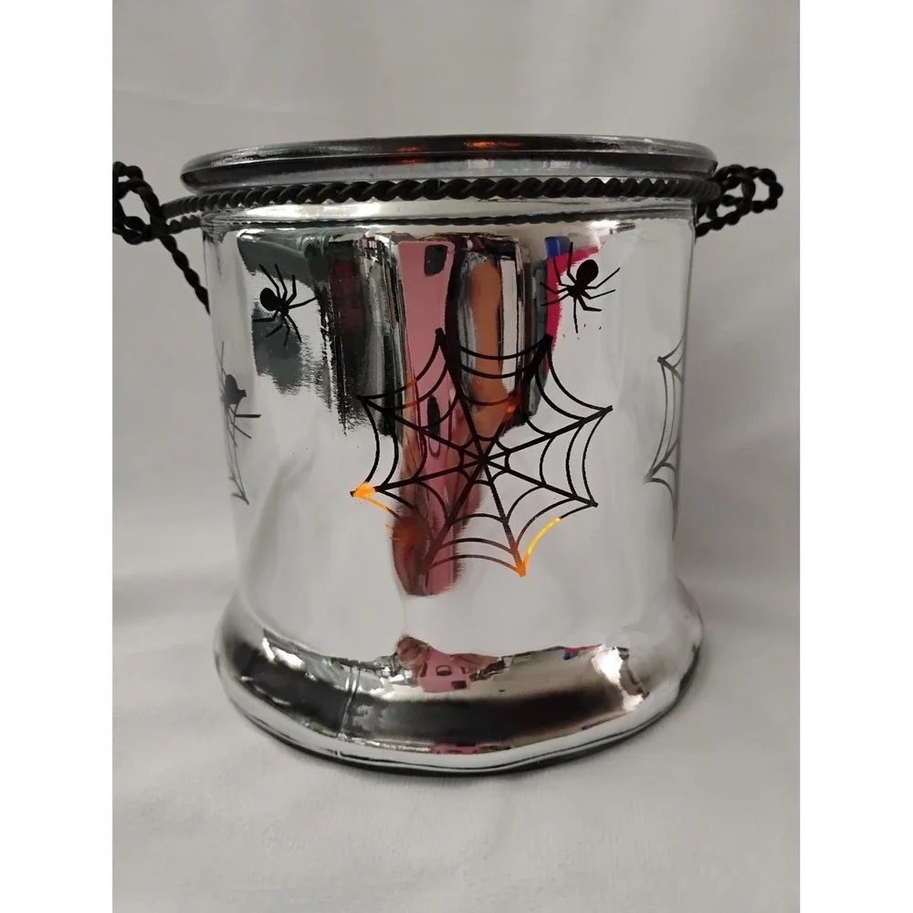Halloween‎ Spider Web Candle Holder Lantern, Silver Glass Decoration